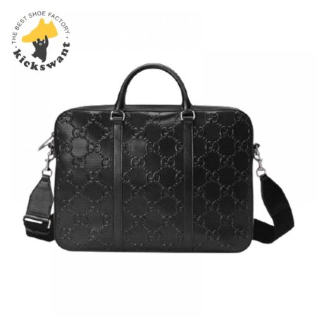 Gucci GG Embossed Briefcase Black Leather Cotton Linen Lining - GBC005