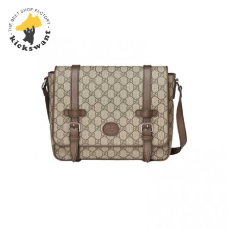 Gucci Messenger Bag Beige/Ebony Gg Supreme Canvas Brown Leather Trim GMB008