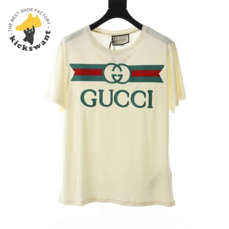 GUCCI EMBROIDERED BELT LOGO SHORT SLEEVE WHITE T SHIRT