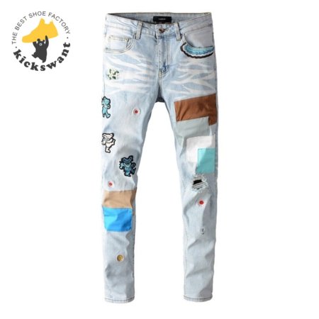 Amiri Bear Patch Rip Jeans Light Blue